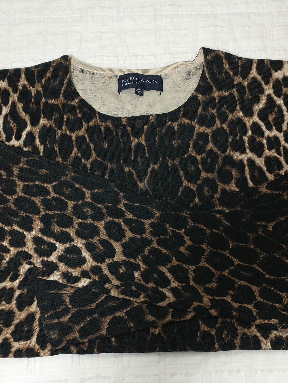 Jones New York Leopard Crew Neck Sweater, Size L, Brown/Black, Silk Blend,Animal